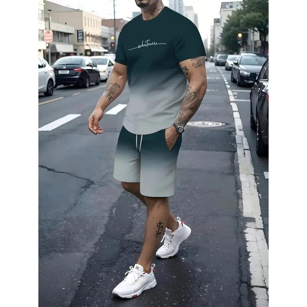 2025 Men's Short Sleeve Set Anchor Print Blue And White Summer Short Sleeve Shorts 2 Pieces Urban Fashion Street Suit