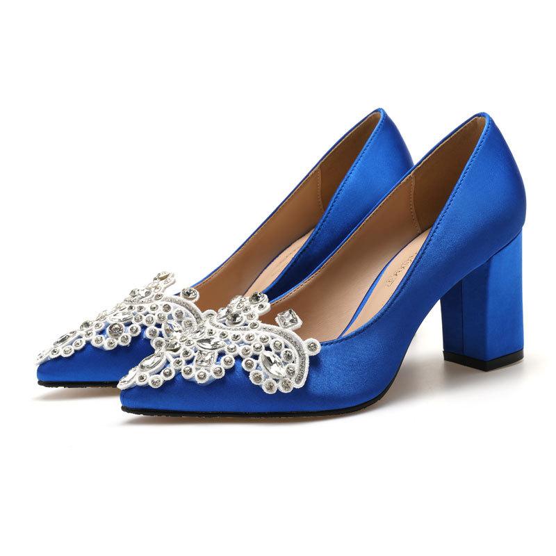 Sweet high heels rhinestone pointed heel satin satin cloth women's shallow mouth single shoes dress banquet bridesmaid wedding shoes