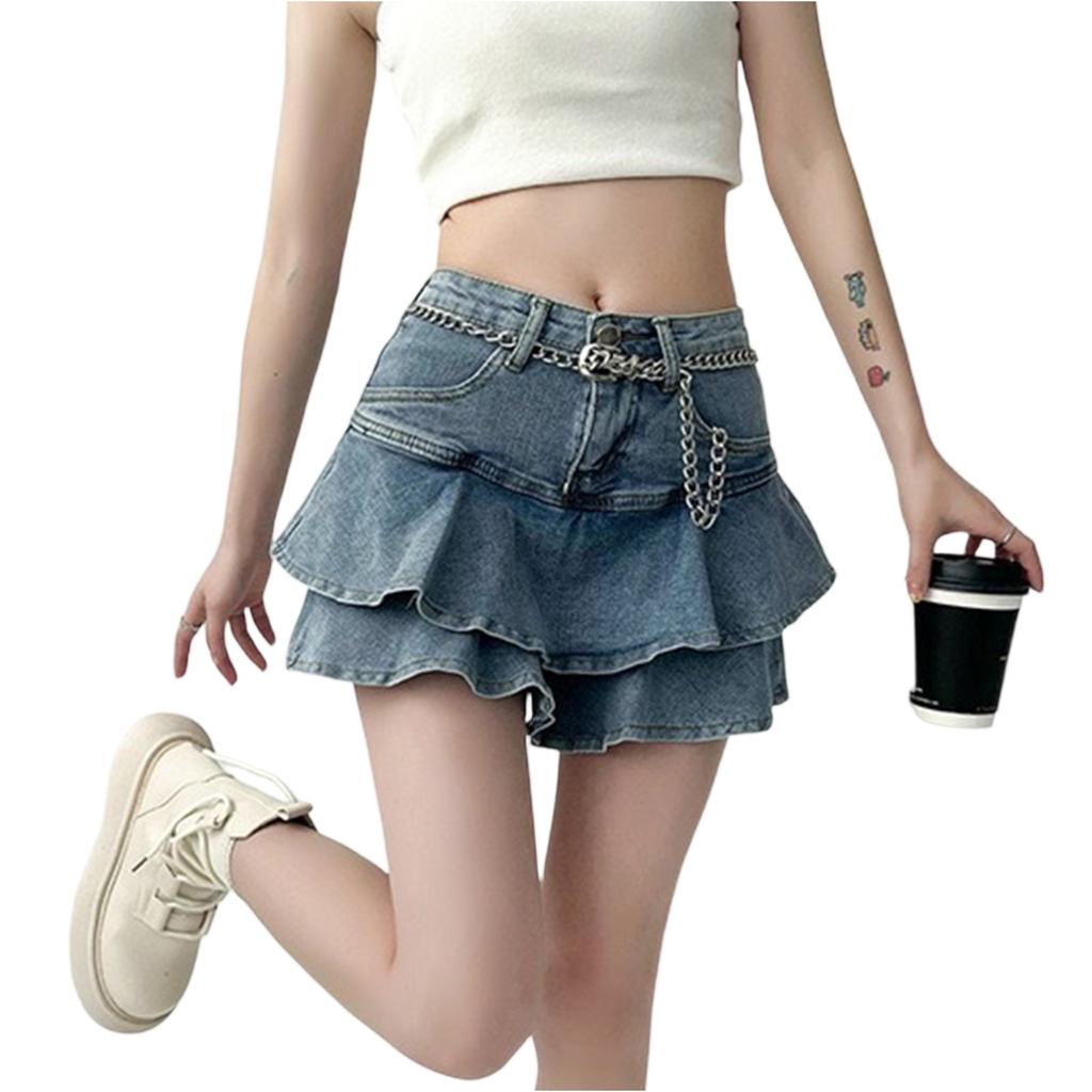 Damen Blauer Denim Plisseerock, Halblange Culottes