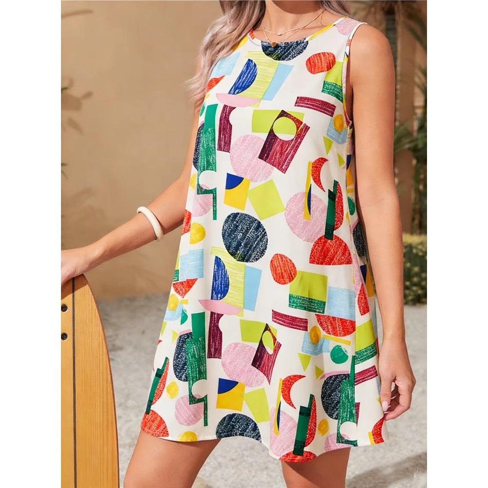 Mini Dress Spring Summer Women Sleeveless Round Neck Geometric Print Flowy Casual Chic Vacation Beach Daily Party Dress