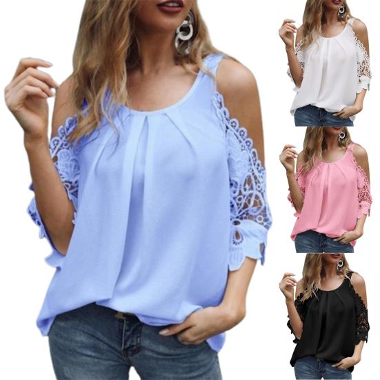 Ladies Top Hollow Lace Sleeves Spring Summer Loose Pure Color Shirt Blouse for Daily Wear