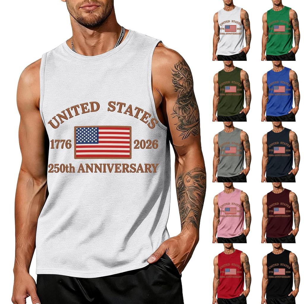 Men's Sleeveless Tank Top Loose Fit Casual Summer Muscle Shirt United States Flag Print 250th Anniversary Graphic Sleeveless Tee