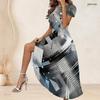 Women Plus Size Round Neck Short Sleeve Grey Black Printed A Line Long Dress