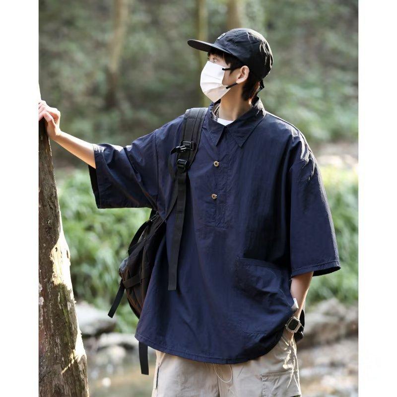 

Men Outdoor Cargo Half Sleeve Shirt Loose Breathable Utility Hiking Camping Summer Top M синий