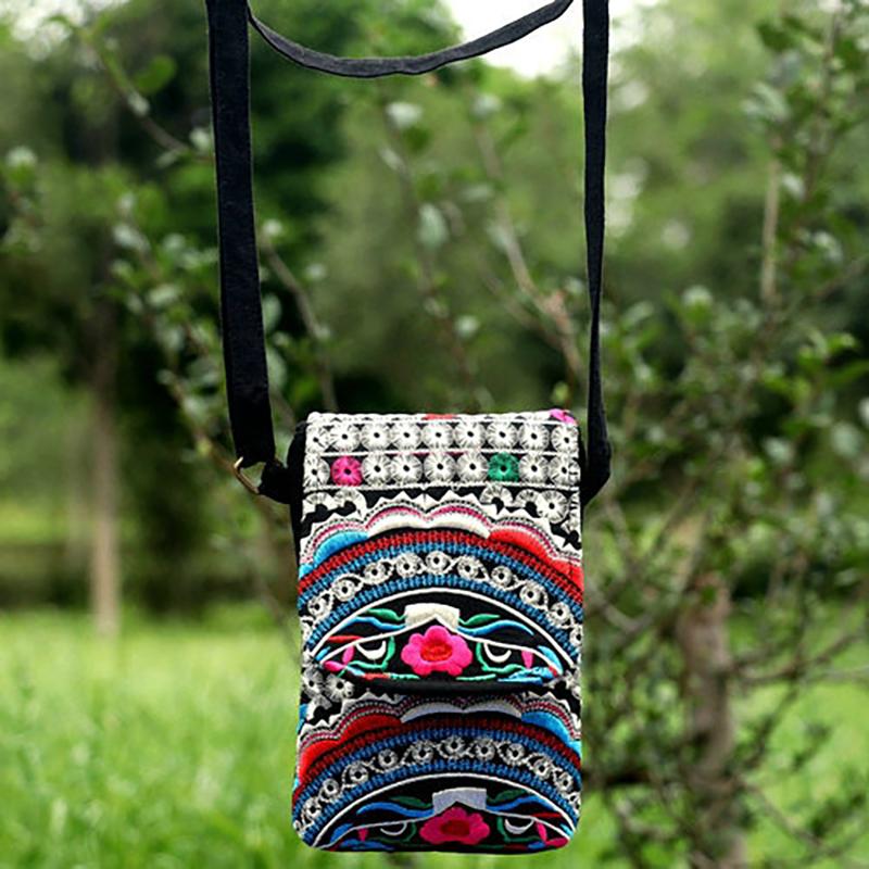 2025 New Ethnic Embroidered Canvas Crossbody Bag Embroidered Two-Layer Mobile Phone Bag Coin Purse
