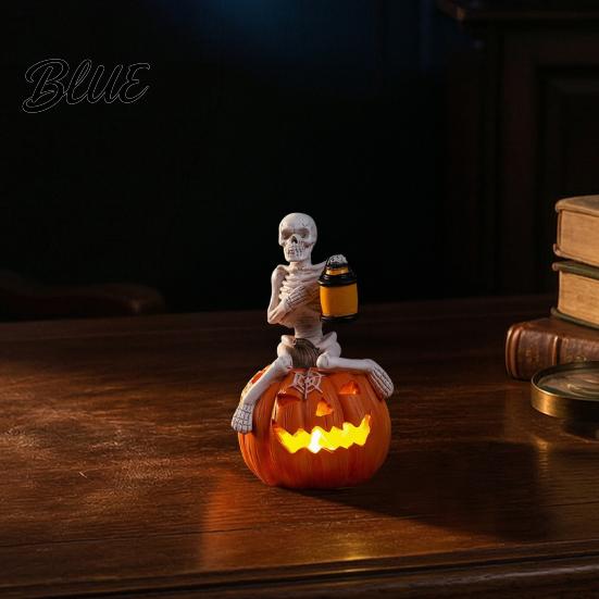 Skeleton Figure for Halloween Pumpkin Figurine LED Light-Up Decorative Lantern Spooky Ornament Holiday Decoration Parties & Ghost Festivals