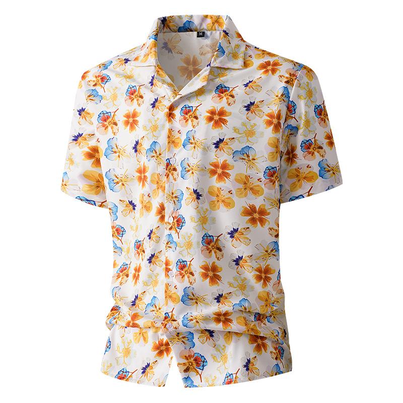 Mens Floral Print Cuban Collar Short Sleeve Casual Hawaiian Shirt S жёлтый
