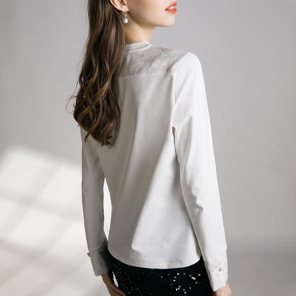 Satin jacquard splicing crew neck shirt blouse summer new thin light Chinese top women