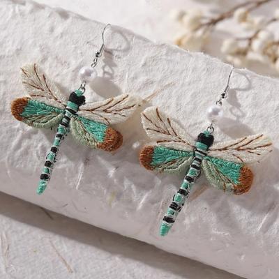 Bohemian Style Vintage New Unique Embroidery Creative Cute Dragonfly Pendants for Women Personalized Fun Drop Earrings Zircon