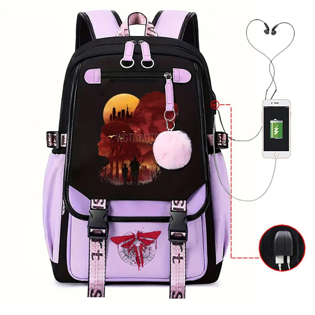 Trend Printing Student Casual Schoolbag Contrasting Color Neutral USB Backpack