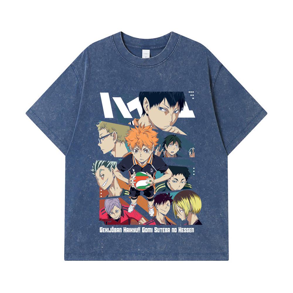 

275 GSM Washed T-shirts 100% Cotton Haikyu V5 Print Unisex Heavy Cotton T Shirt 2XL королівський синій колір