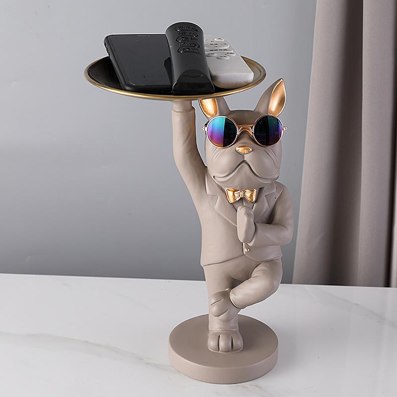 KungFu Bulldog Butler With Tray for Keys Jewelry Stock Storage Nordic Home Decor Dog Statues Resin Sculpture Desk Decoration
