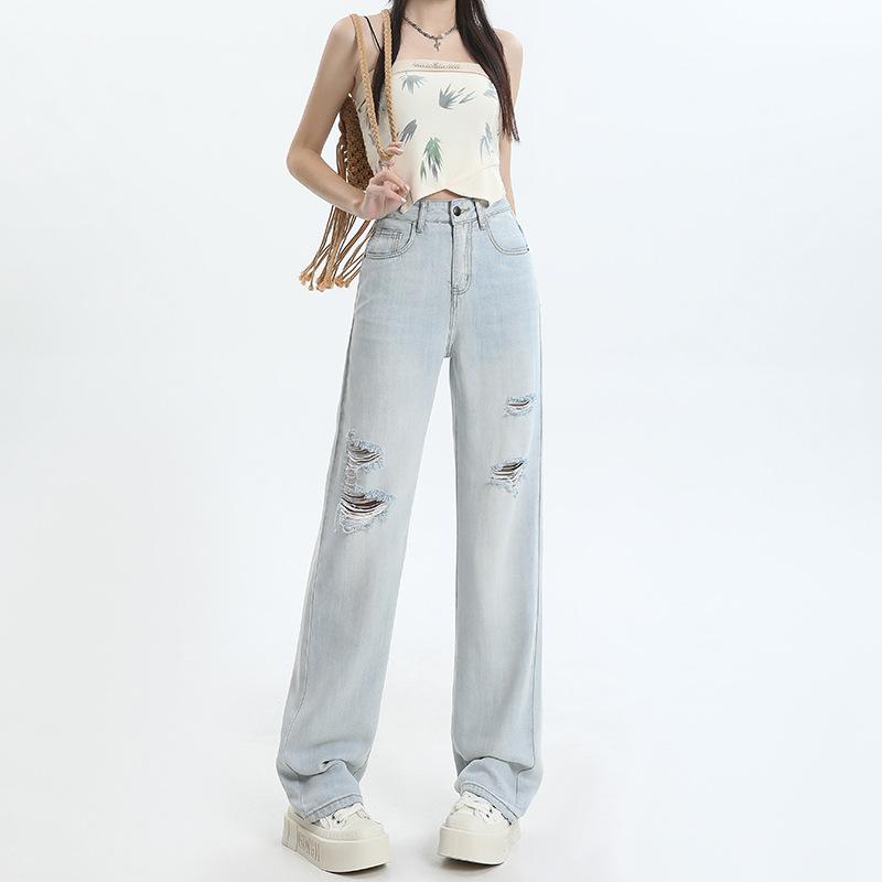 Summer Lyocell Tencel Narrow Wide Leg Tummy Control High Waist Soft Drape Slim Denim Pants Ladies Casual Pants Oversize Denim Trousers