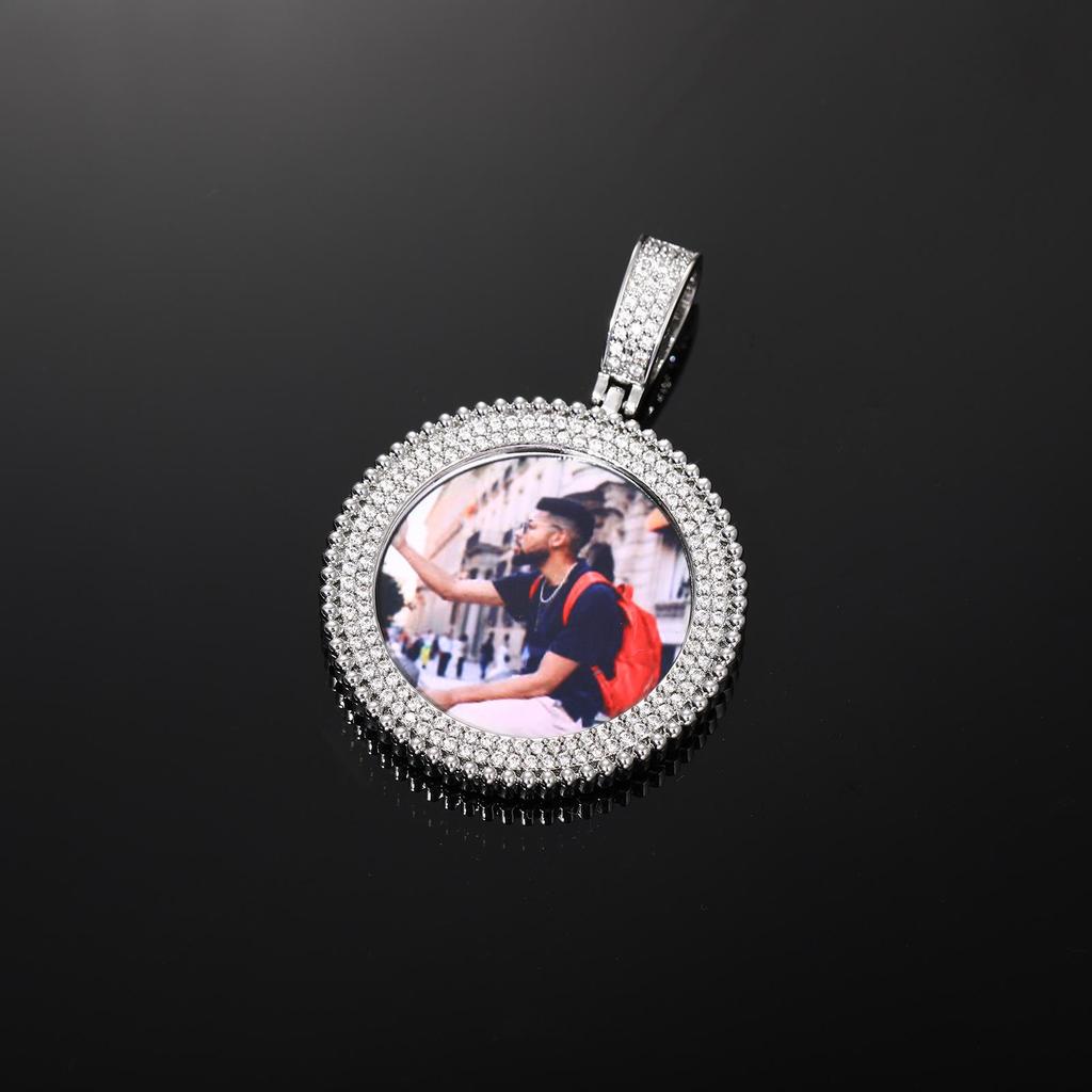 Trendy Hip Hop Round Photo Pendant Necklace with Copper and Zircon Inlays - Customizable
