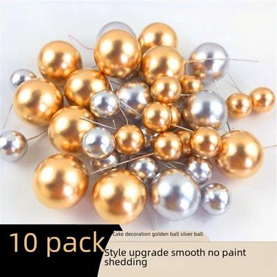 Golden Ball Cake Decoration Set - 10 Pieces: Foam Ball Birthday Baking Plug-In and Dessert Table Accessories