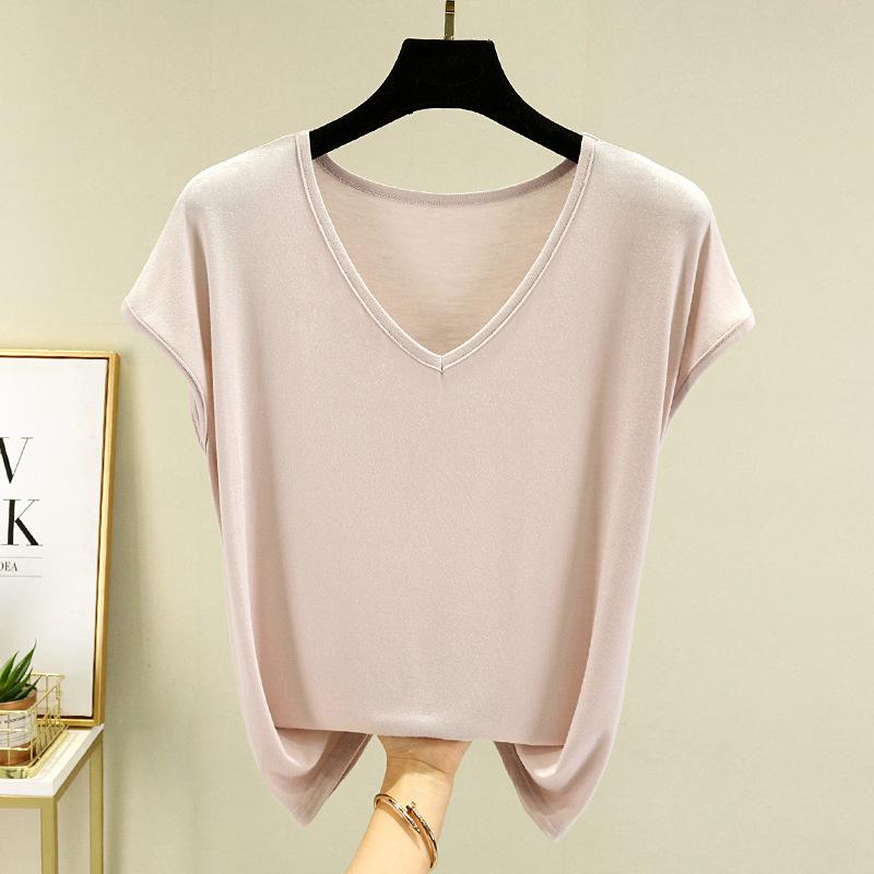 Letnia damska kamizelka bez rękawów z modalu Gładka V-neck Podstawowy T-shirt Luźny T-shirt z modalu Topy Codzienna podkoszulka