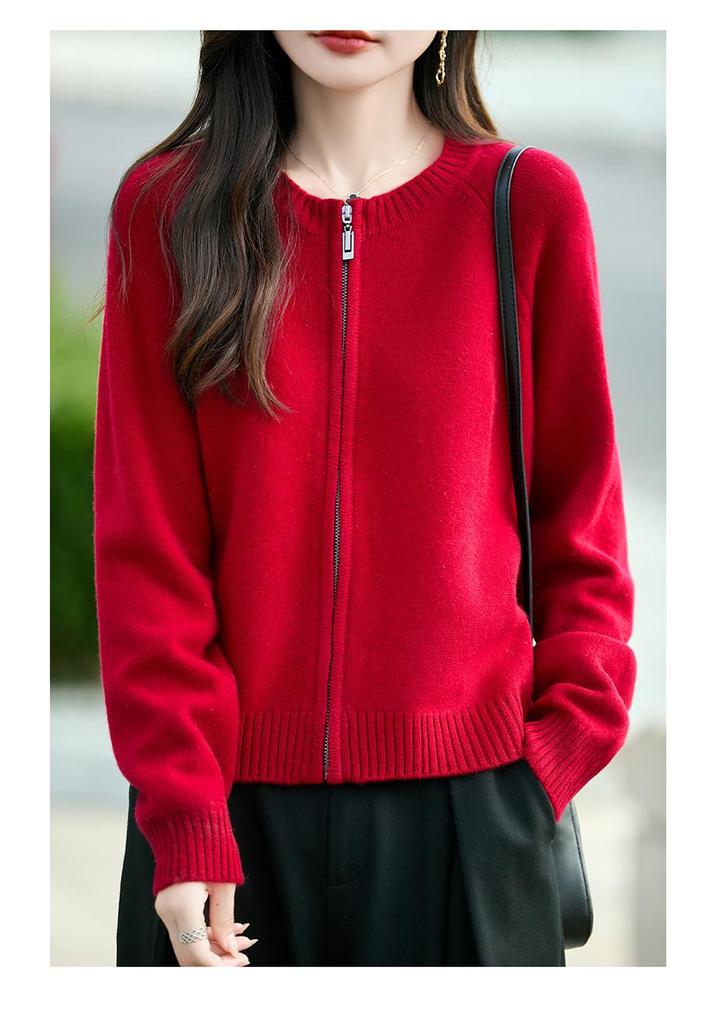 Women's Pure Wool Zipper Cardigan - Thick, Round Neck, Casual, Loose Fit Sweater for Autumn & Winter