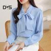 Women Shirt Lace-up Bowknot Collar Long Sleeve Casual Shirt Solid Color Loose Fit Chiffon Shirt Tops Daily Wear