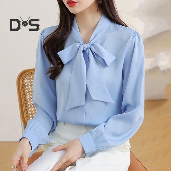 Women Shirt Lace-up Bowknot Collar Long Sleeve Casual Shirt Solid Color Loose Fit Chiffon Shirt Tops Daily Wear