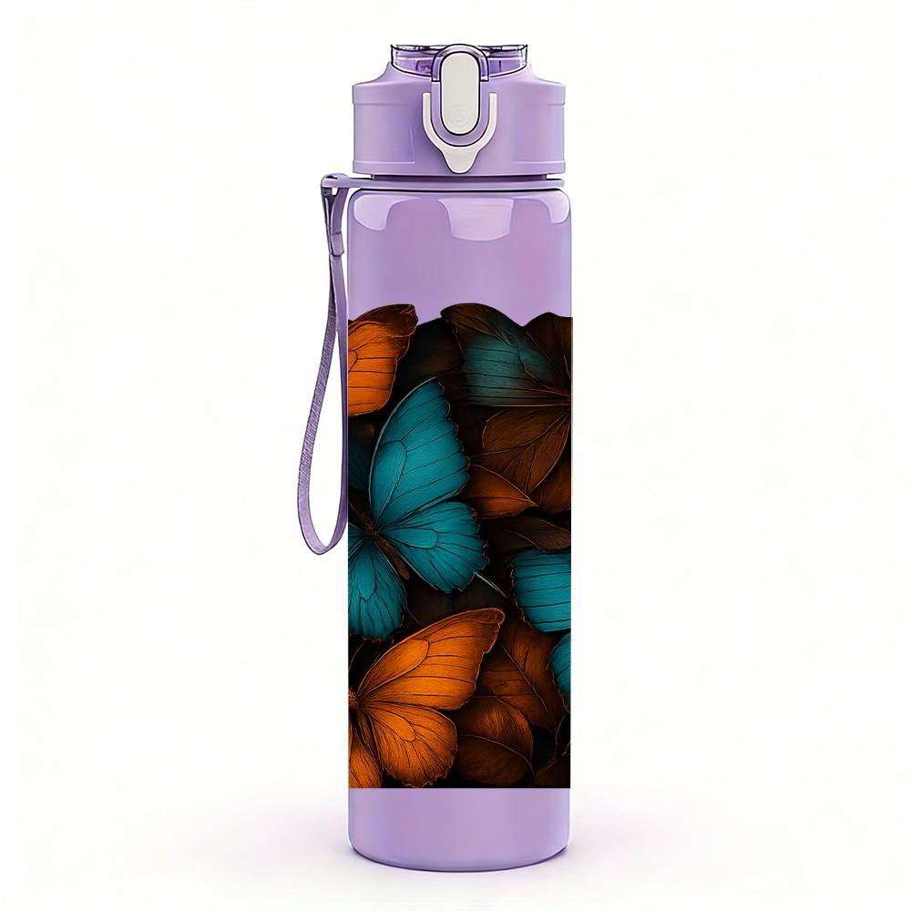1PC Orange Teal Butterfly Mosaic Art Print 750ml Color Plastic Sports Water Bottle Leakproof Flip Straw Lid Suitable for Sports Office Home Use
