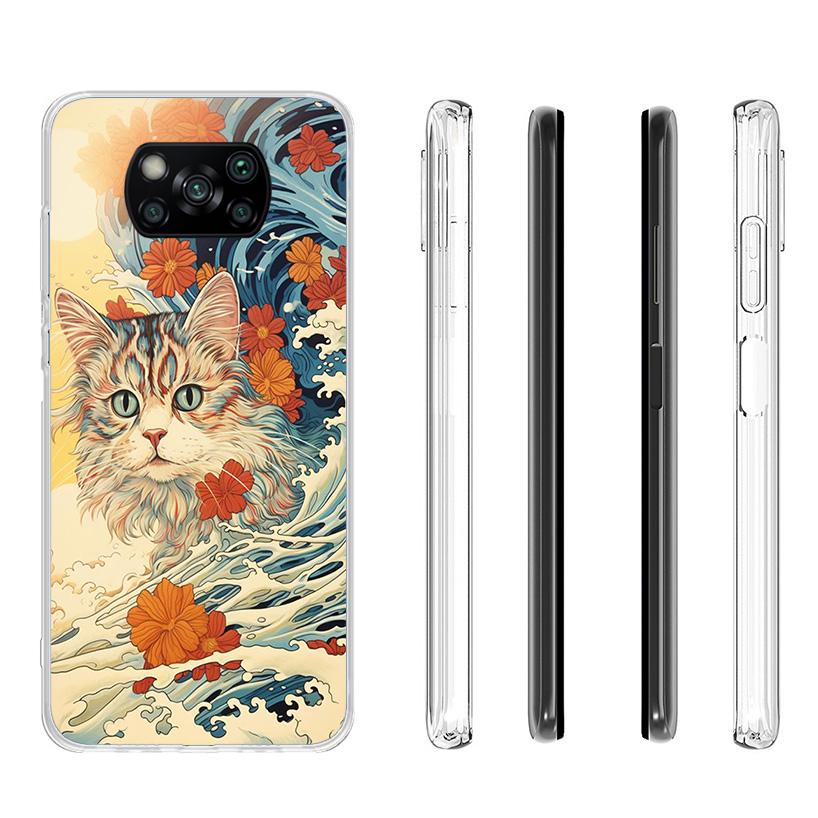Anime Cat Sea Wave Aesthetic Phnoe Case for Xiaomi Poco X5 X6 X7 Pro X4 Gt F7 Ultra M8 M7 Redmi 15C 15 13C 13 12C 12 Unique Cove