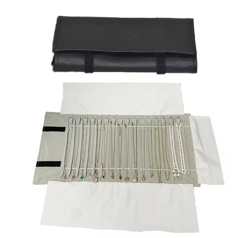 Black Grey High Quality Flannelette Or Leather 16 Necklace Jewelry Roll Bag Necklace Storage  Bag Prop Pendant Storage Bag