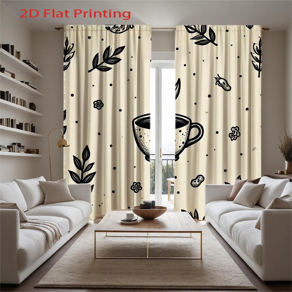 2D Flat   2pcs 2D Flat Printing Curtains   Coffee Cup Leaf Floral Pattern Dot Print Rod Pocket Velvet Fabric Window Drapes for Hom