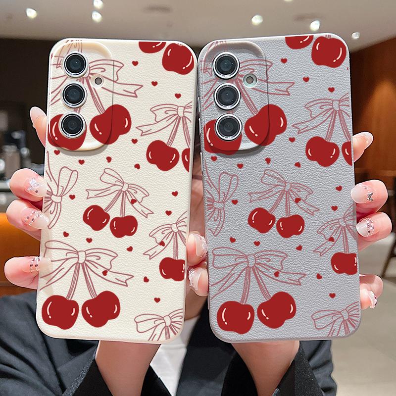 Carcasă subțire mată cu model Cherry Bowknot pentru Samsung S25 S24 FE S23 Ultra S22 A36 A56 A16 A55 A26 A35, textură din piele TPU, moale, rezistentă la șocuri, husă de telefon