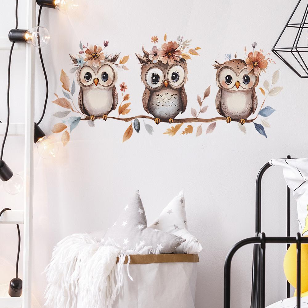 Cute Cartoon Owl On Branch Wall Stickers, Self-Adhesive Decor for Kids Bedroom Entryway Home Decoration