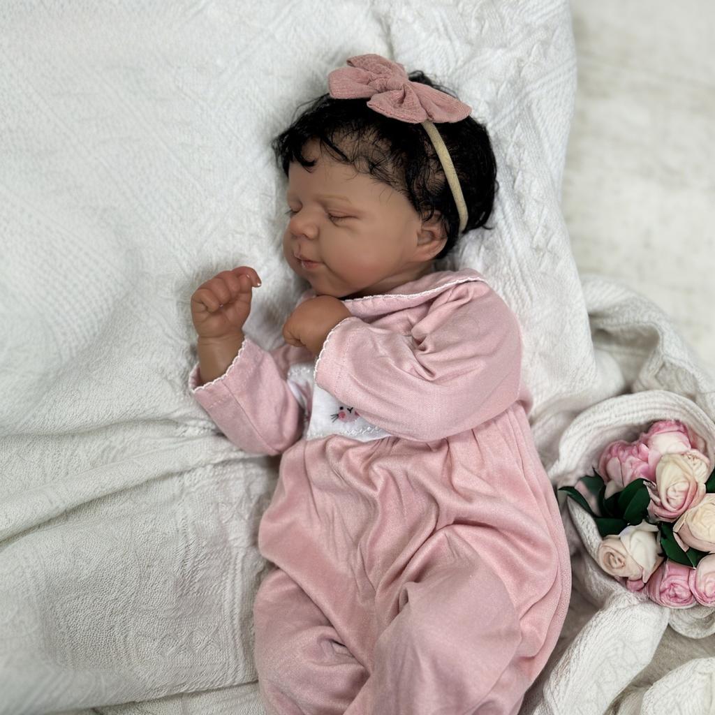 BZDOLL 45cm 18inch Soft Vinyl Baby Reborn Doll Cloth Body Black Skin Girl Realistic Newborn Bebe Art Toy for Kids Christmas Birthday Gift