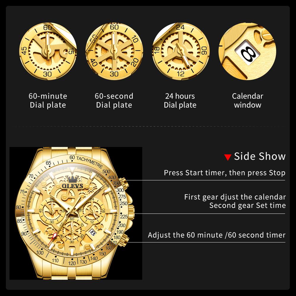 OLEVS Gold Men's Watches Skeleton Stainless Steel Chronograph Wristwatch Waterproof Luminous Luxury Brand Quartz Watch Men 9913