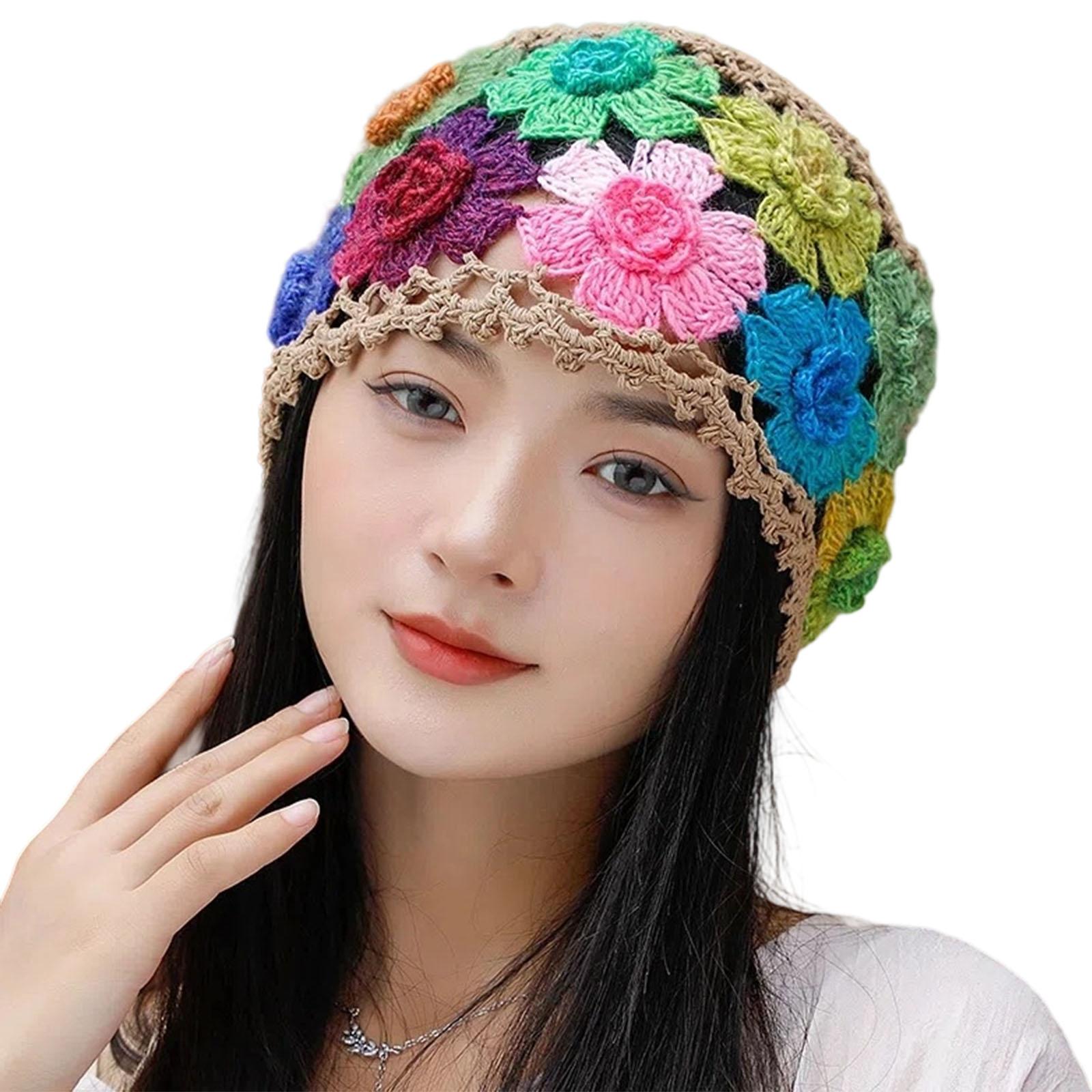 

Elegant Hollowed Knitted Cotton Skull Cap With Flower Pattern Stretchy Skull Hat Pullover Headwear for Women Travel хаки