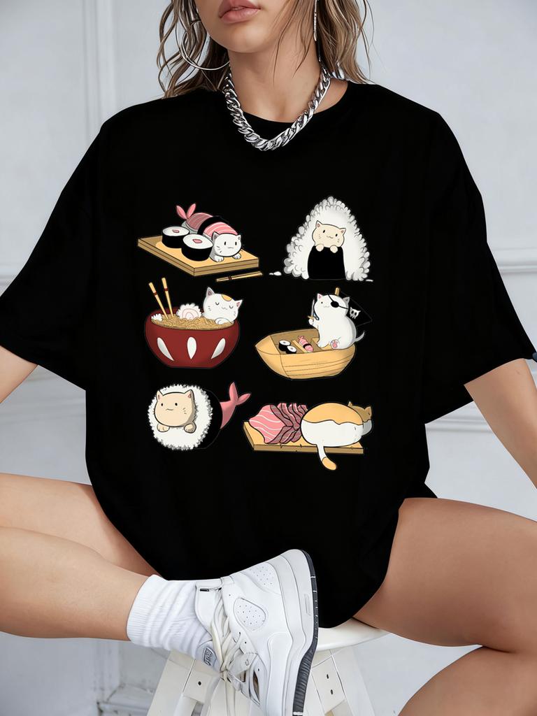 Kawaii Sushi Cats Printing TShirts Womens Summer Cotton Short Sleeve T Shirt Loose ONeck Comfortable Tops Casual Woman Clothes