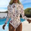 Women Long Sleeve One Piece Swimsuit Zip Front  Tie-dye Print Rash Guard Surfing Bathing Suit