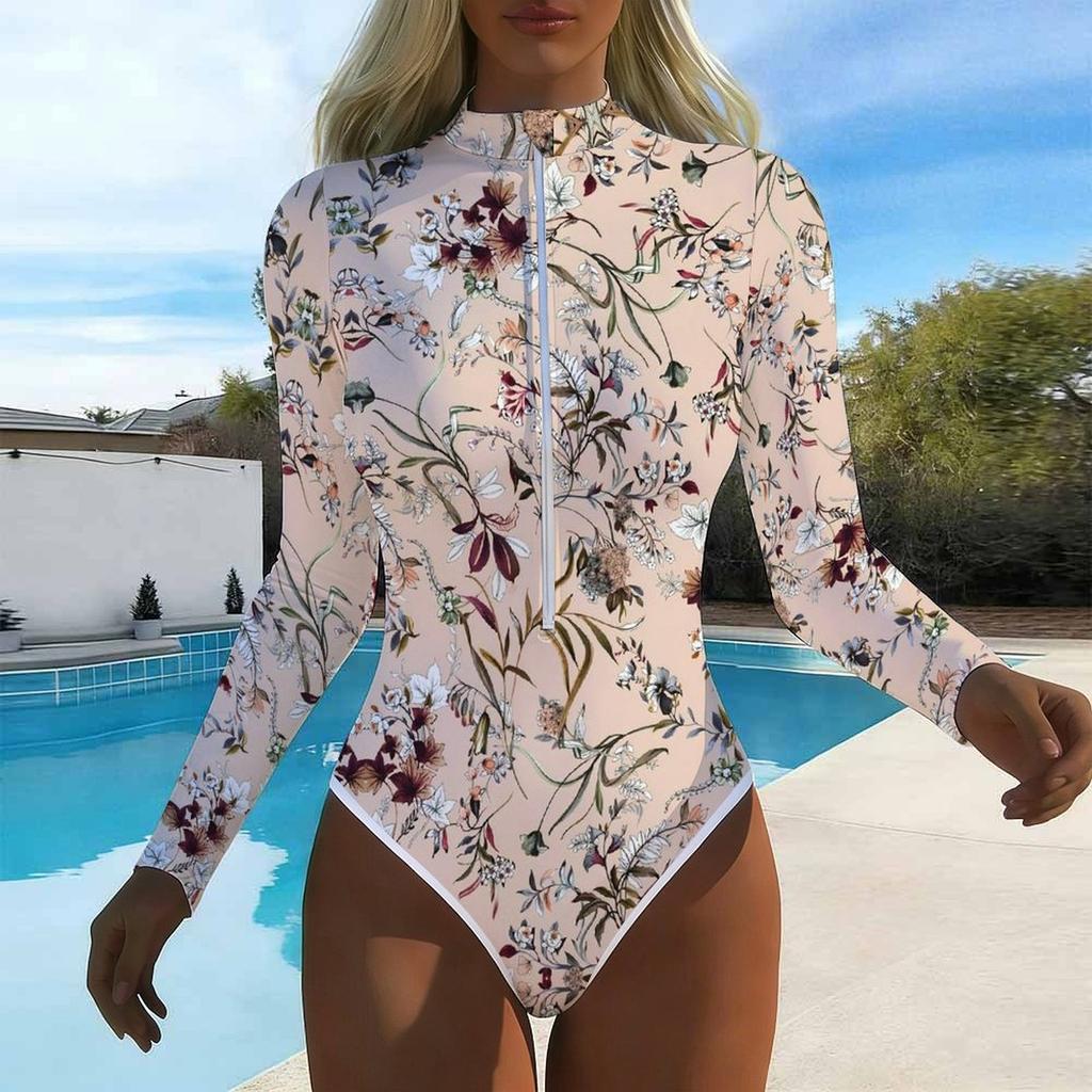Women Long Sleeve One Piece Swimsuit Zip Front  Tie-dye Print Rash Guard Surfing Bathing Suit