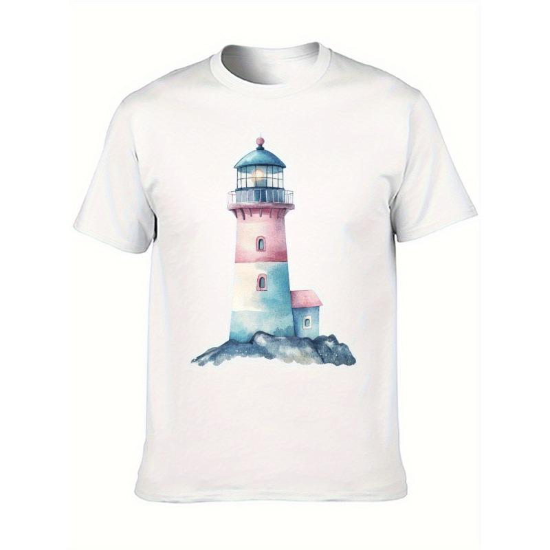 Women's T-Shirt Casual Round Neck Short Sleeve Tee for Spring/Summer,  Everyday Tshirt| Playful Print Tee| Fabric, Lighthouse Decor