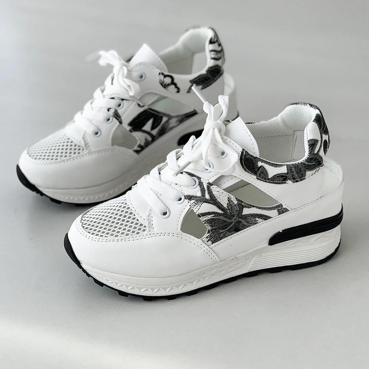 

Летние женские полые вулканизированные туфли повседневные дышащие сетчатые кроссовки для ходьбы женские уличные босоножки на танкетке со шнуровкой женская обувь 35 чёрный