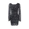 Damen Europäischer Sexy Stil Leopardenmuster Rüschen Langarm Rundhals Bodycon Minikleid