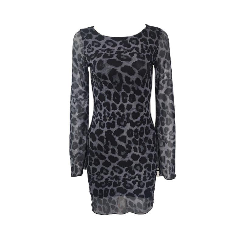 Damen Europäischer Sexy Stil Leopardenmuster Rüschen Langarm Rundhals Bodycon Minikleid