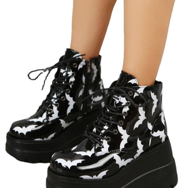 New Women's Boots Sponge Cake Thick Soled Patent Leather Short Boots Women's Printed Bat Ankle Boots Plus Size 35-43