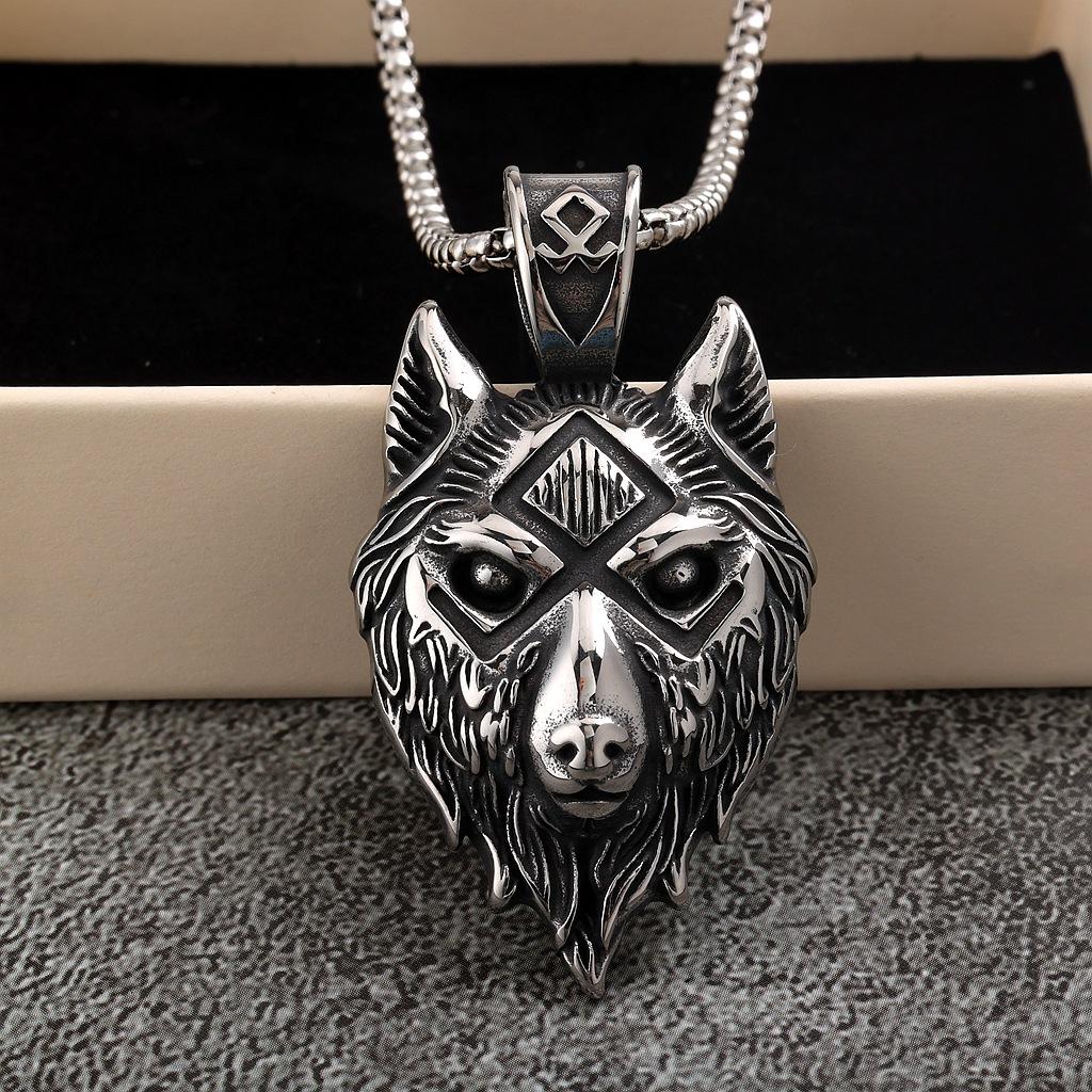 Vintage Stainless Steel Men's Pendant Single Sided Viking Wolf Head Necklace