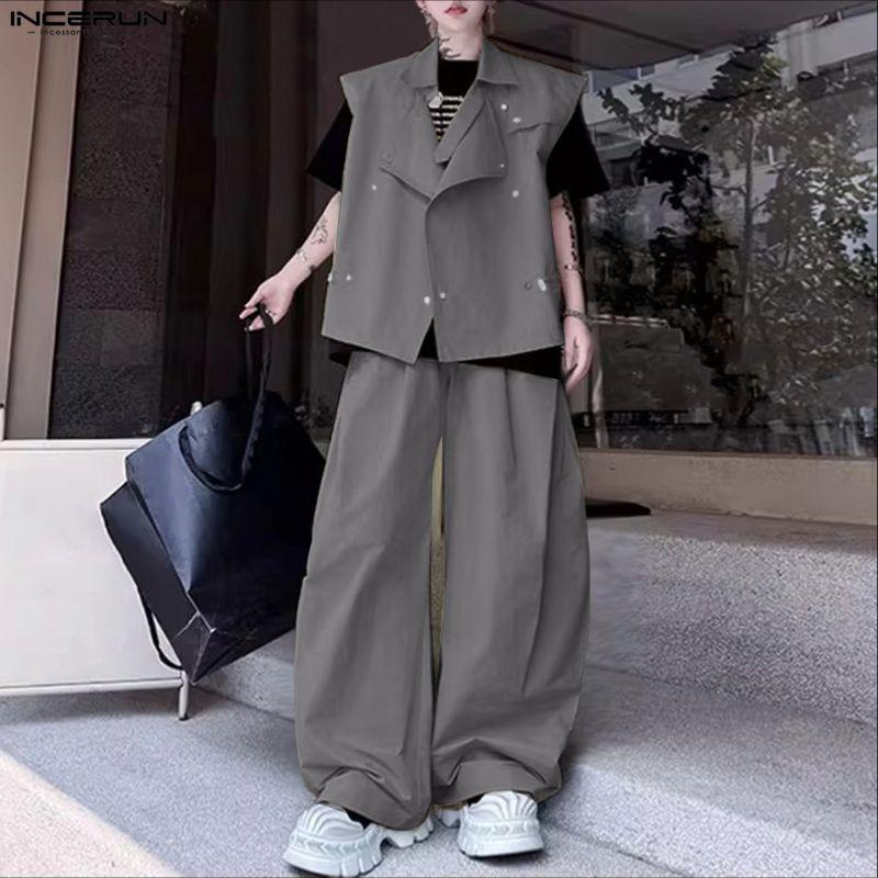 INCERUN Two Pieces Casual Sets Men Sleeveless Waistcoat and Long Cargo Pants Trousers Outfits