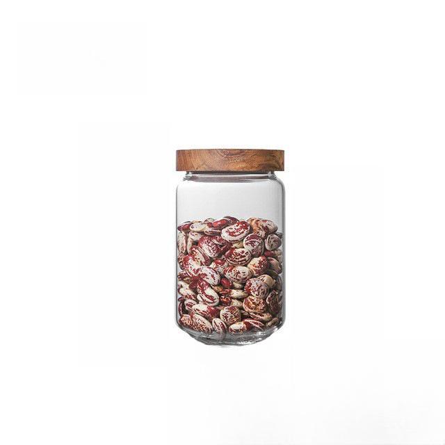 Transparent Glass Storage Jar with Acacia Wood Lid for Coffee Beans and Food Grains