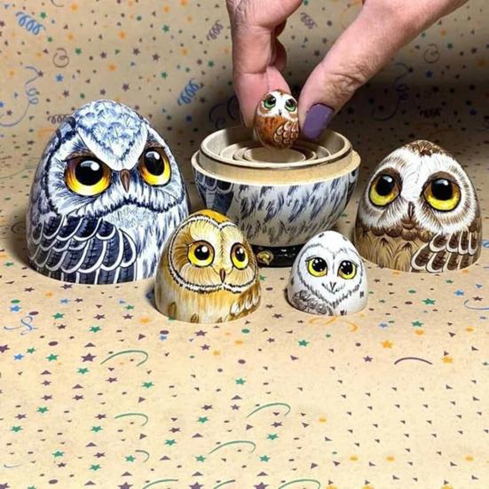 

5Pcs/Set Owl Russian Nesting Doll 5 Layers Handmade Wooden Matryoshka Night Bird