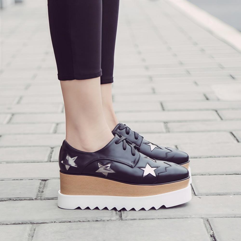 Women Korean‑Style Patent Wedge Pumps, Square‑Toe Star Decor Platform Thick‑Sole High Heel Shoes, British‑Inspired Versatile Casual Daily Footwear