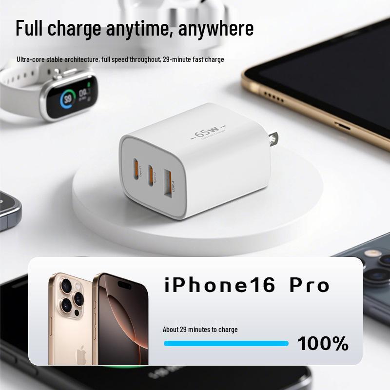 CE/FCC/ROHS Certified PD65W GaN Fast Charger, Multi-Port 2C1A, US/EU Plug