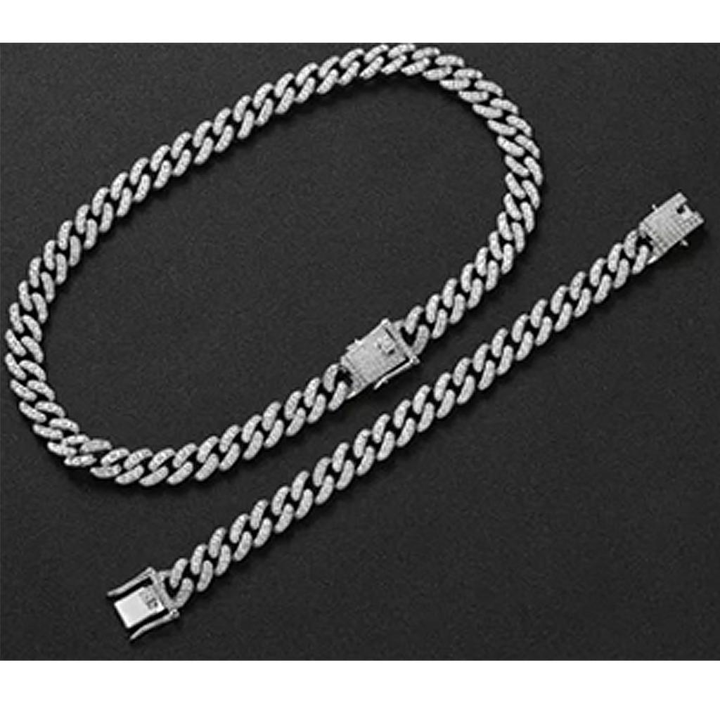 2 Stück Cuban Link Kette Strass Halskette Armband Set Geschenk für Liebhaber Jahrestag Geburtstag Silber 50CM 20CM