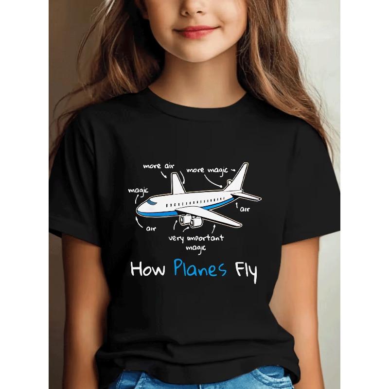 European Sizes Girls Short Sleeve Casual Airplane Illustration Graphic Tee with Magic Text Print Kids Wear Trendy Casual Wear for Girls