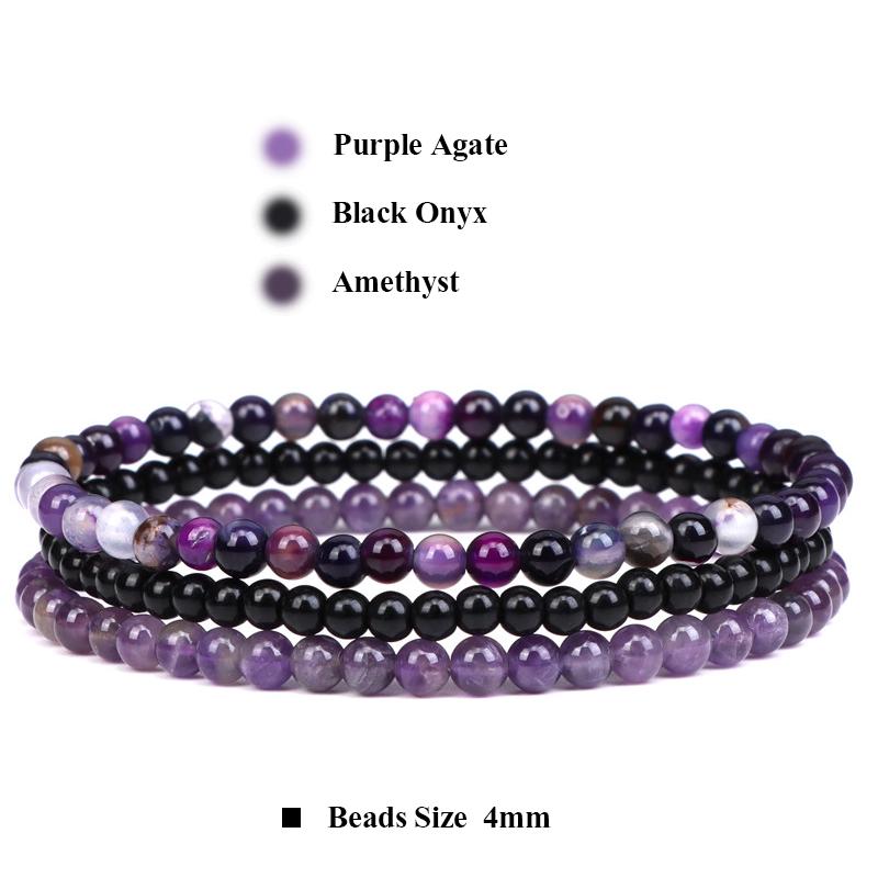 3pcs Amethysts Purple Agates Elastic Bracelets For Women Men Natural Stone Tiger Eye Black Onyx 4mm Beads Bracelet Set Jewelry
