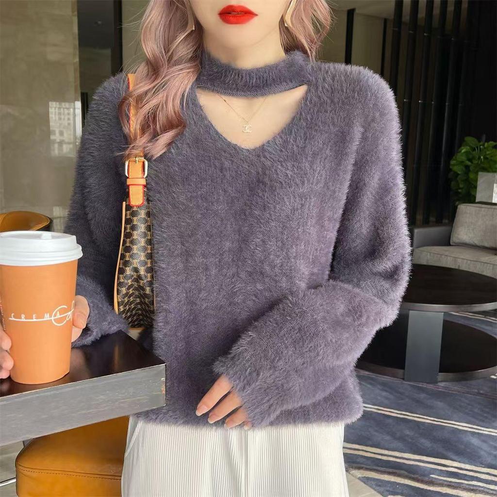 2024 A/W Women's V-Neck Halter Knit Sweater - Faux Mink Velvet, Loose Lazy Style Top